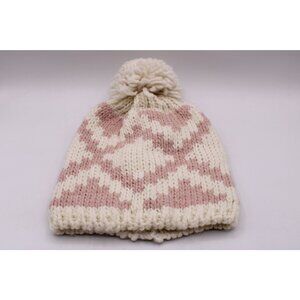Pink and White Knit Pom Beanie Hat Made In Italy 95% Acrylic 5% Wool Warm & Soft
